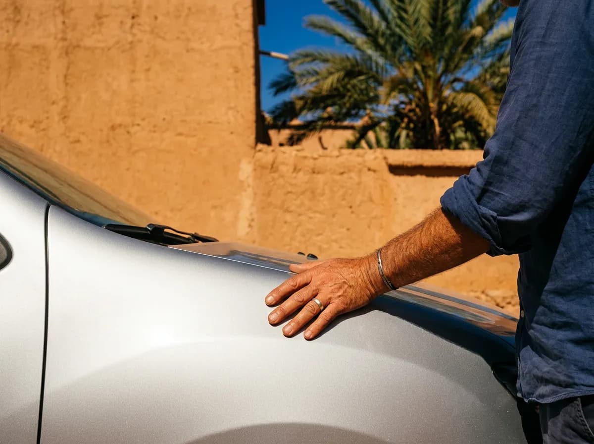Note Google 5,0 d'Marrakesh Car Rental affichée sur smartphone devant l'agence à Marrakech