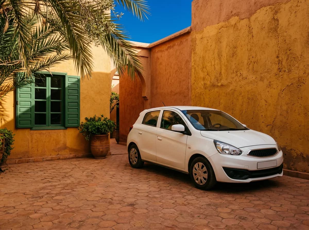 Dacia Logan blanche garée dans une rue ombragée de Guéliz, palmiers et façade ocre.