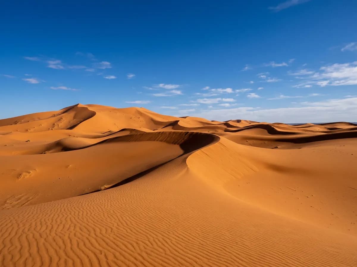 Les dunes de l'Erg Chebbi à Merzouga au lever du soleil, caravane de dromadaires en silhouette.