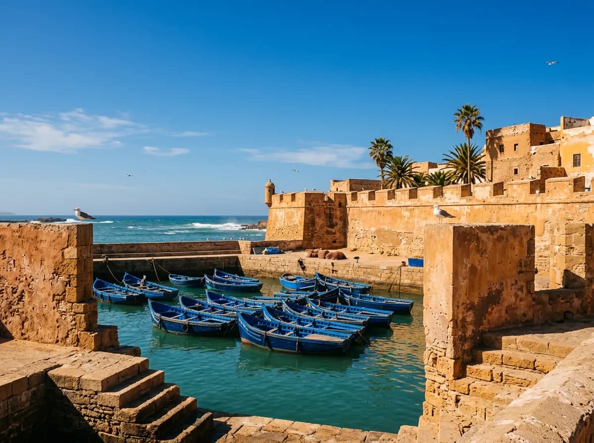 Les remparts et le port d'Essaouira, bateaux bleus, mouettes et embruns.