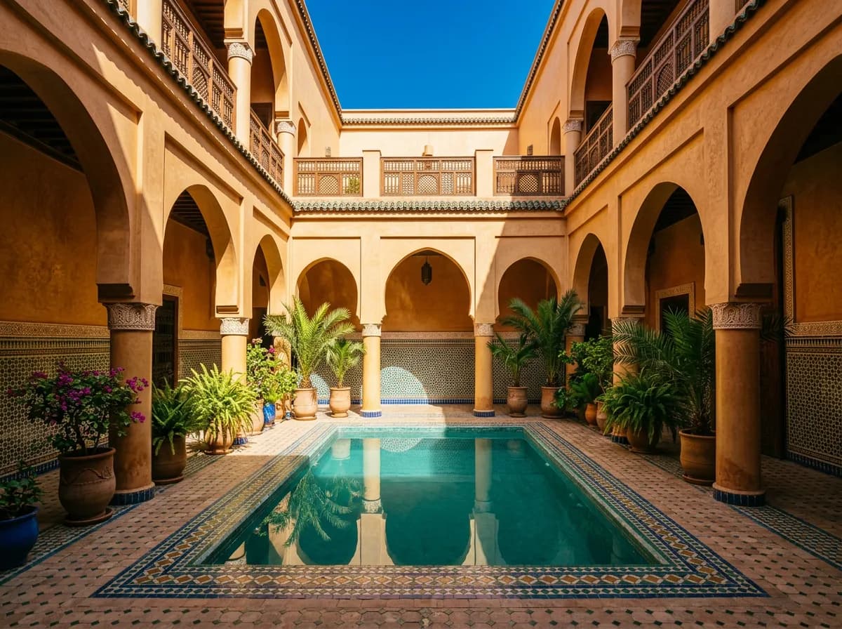 Cour intérieure d'un riad à Marrakech, bassin turquoise, arcades en fer à cheval et zellige sous le soleil