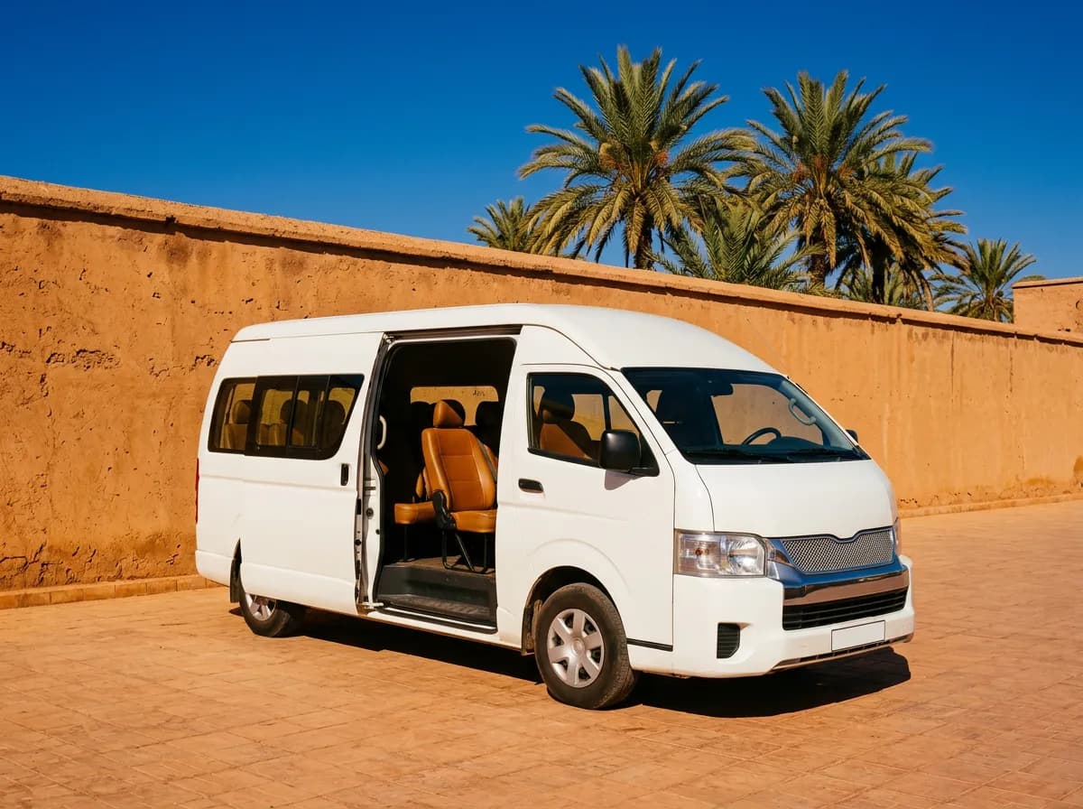 Minibus blanc 9 places devant le terminal de l'aéroport Ménara, passagers embarquant.