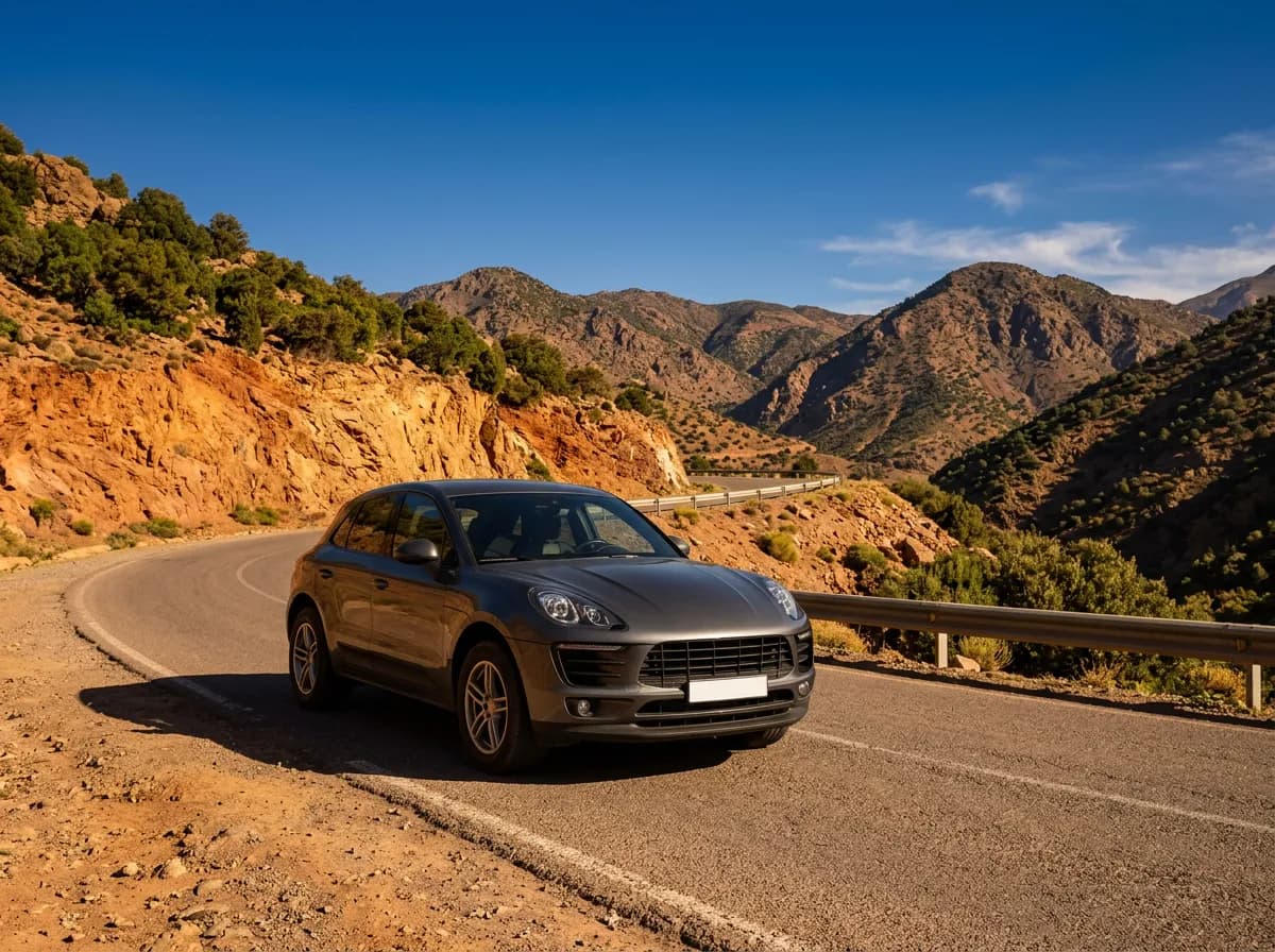 Porsche Macan GTS garé sur l'avenue Mohammed VI à Guéliz, Marrakech