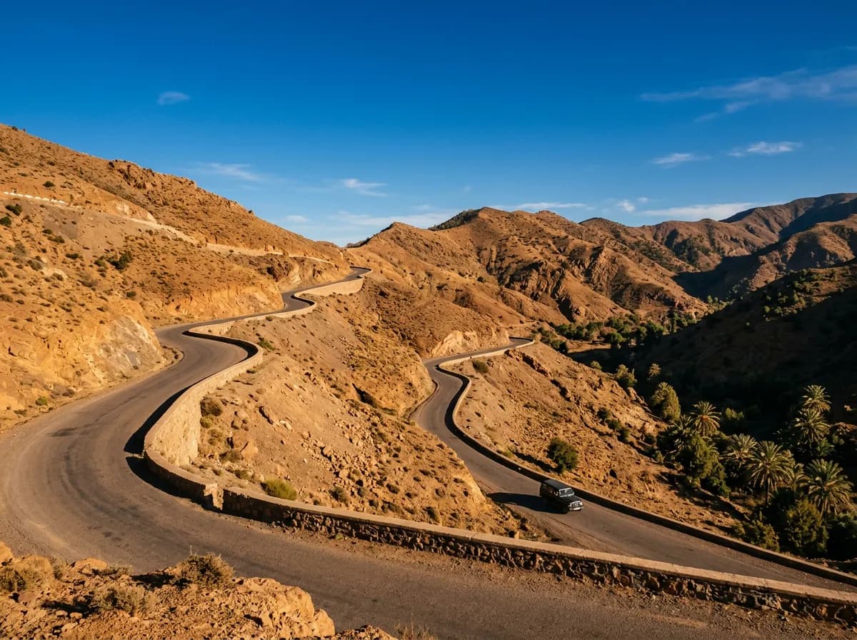 La N9 en lacets sur le Tizi n'Tichka, crêtes de l'Atlas nues, lumière de fin d'après-midi.