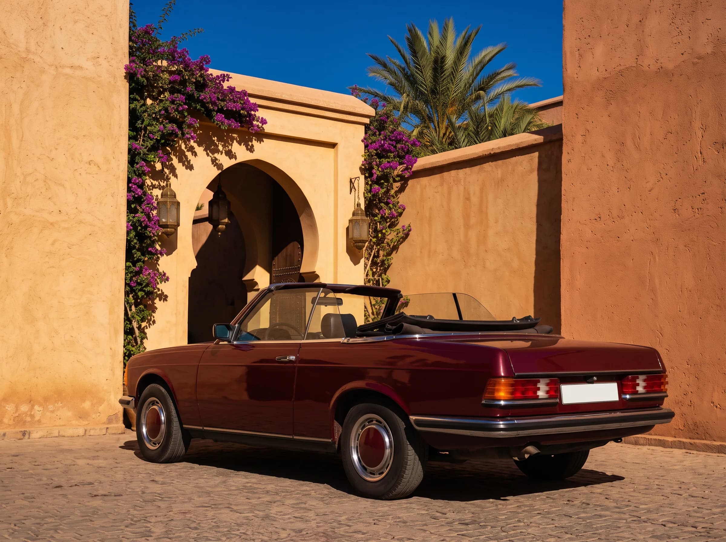 Une Mercedes Classe E décorée pour un mariage et un Volkswagen Touareg équipé pour le désert, garés côte à côte à l'agence Marrakesh Car Rental à Marrakech