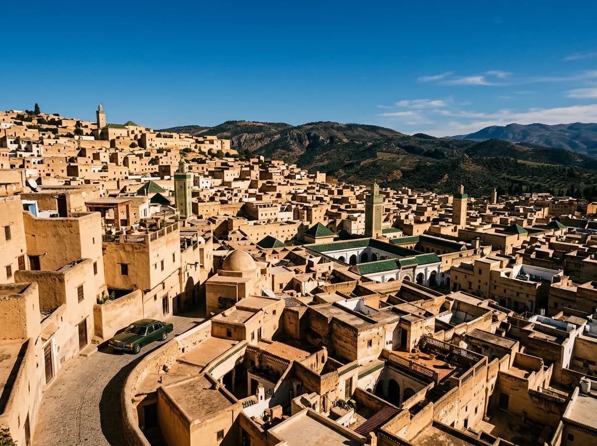 Voiture de location devant Bab Boujloud à l'entrée de la médina de Fès