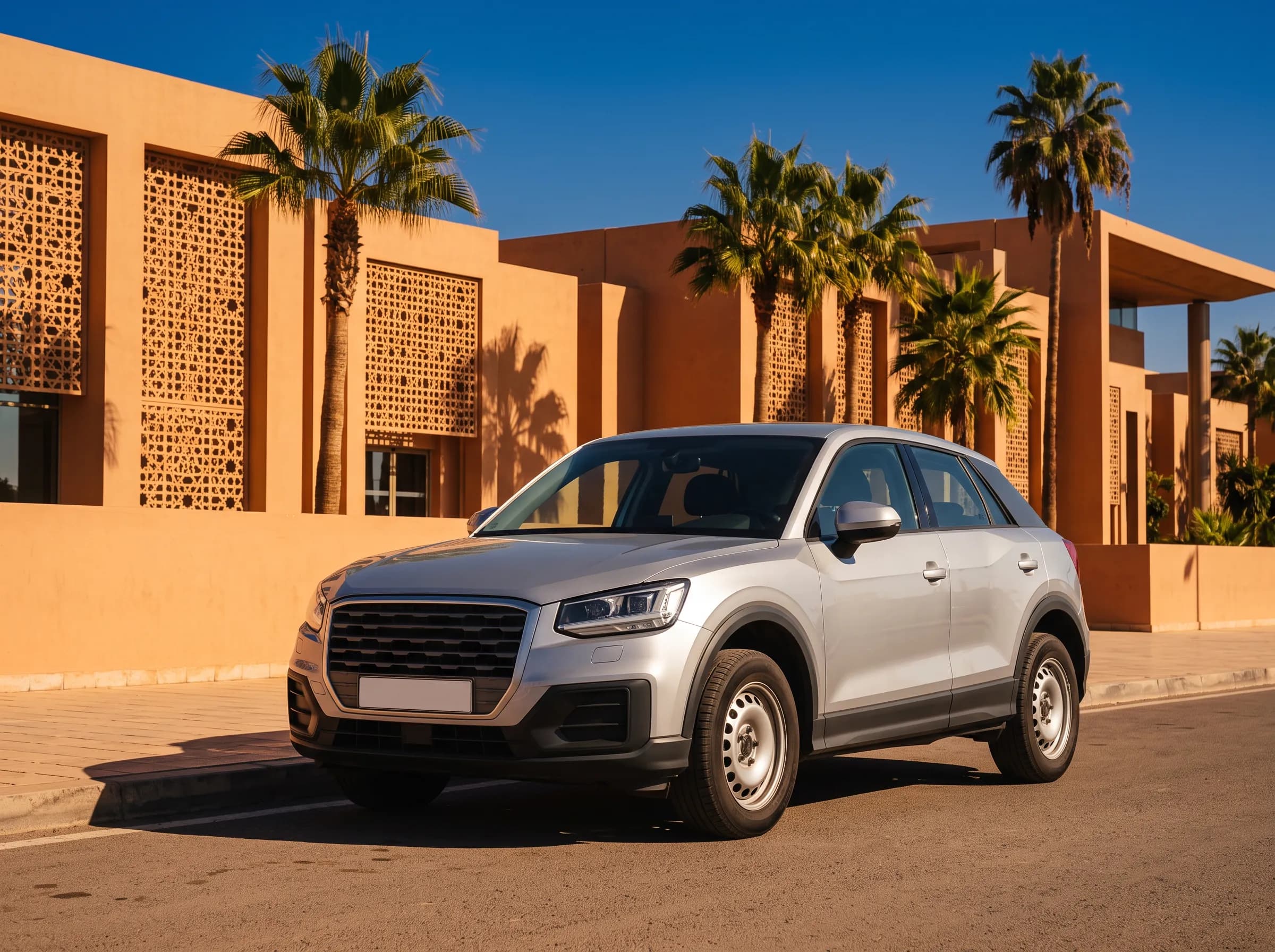 Voiture de location garée devant le hall d'arrivée de l'aéroport Marrakech Ménara
