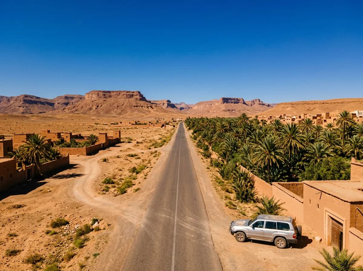 SUV garé au-dessus des dunes de l'erg Chebbi près de Merzouga au coucher du soleil
