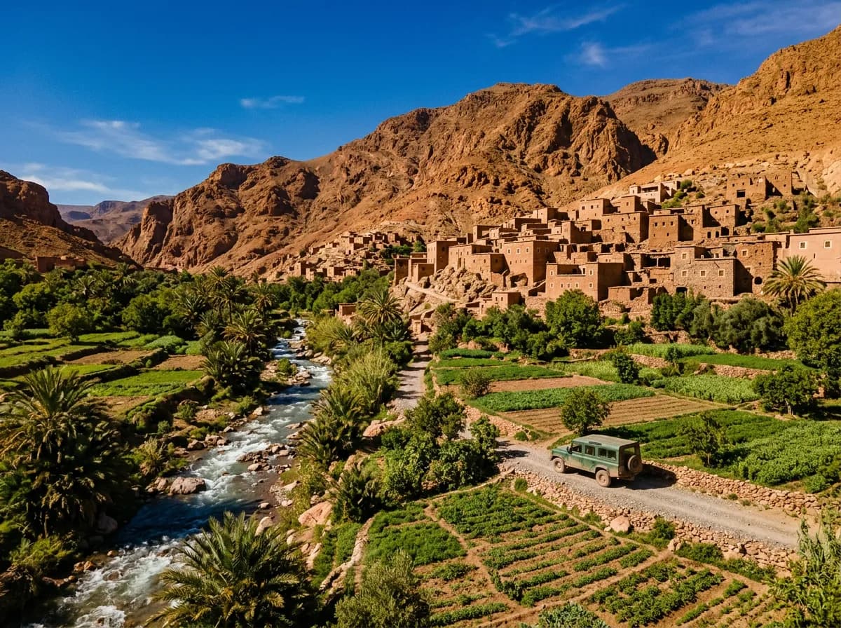 La vallée de l'Ourika et la rivière du même nom vues depuis la R203 près d'Arhbalou