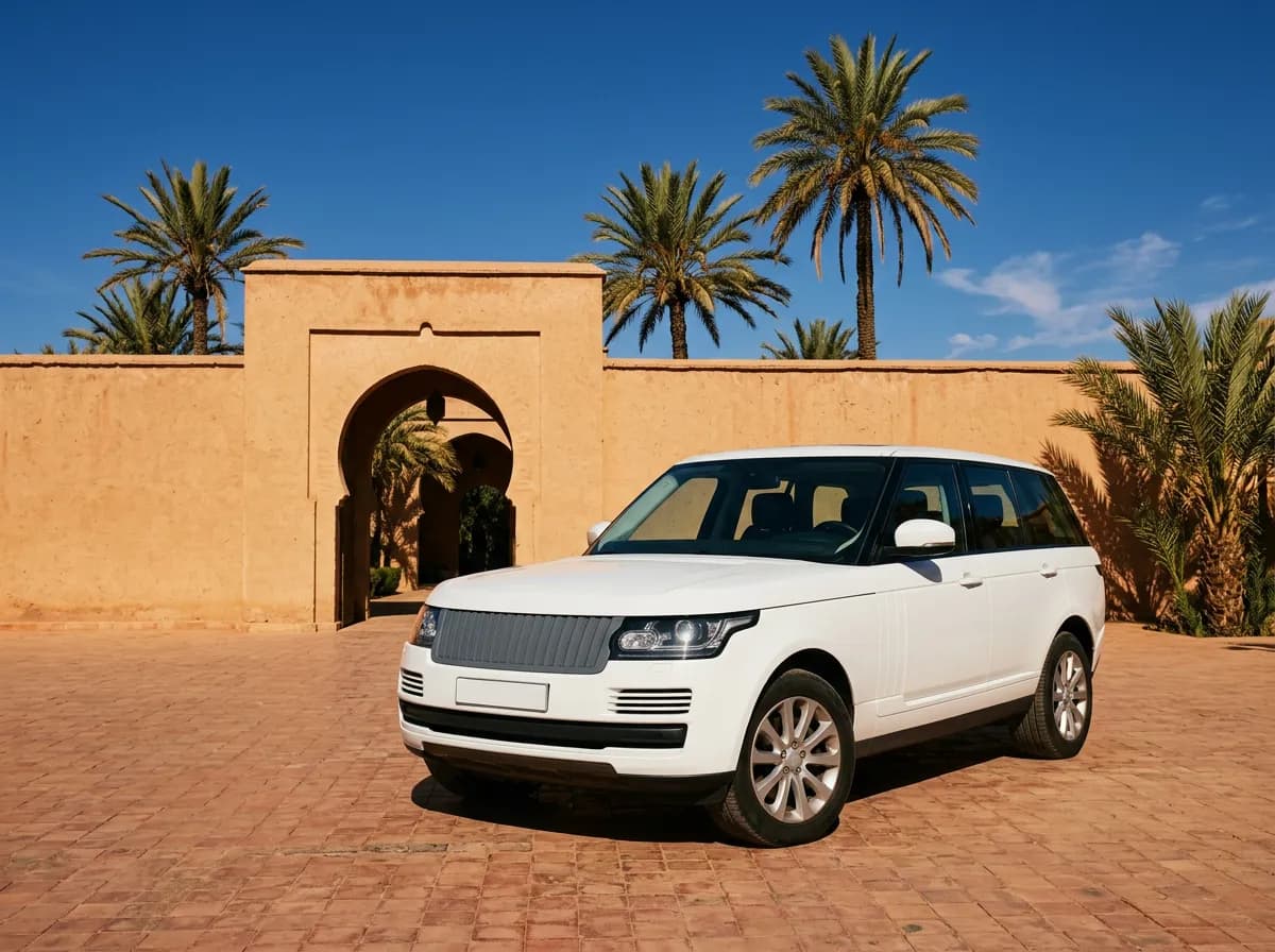 Range Rover Evoque garé à l'arrivée de l'aéroport Marrakech Ménara